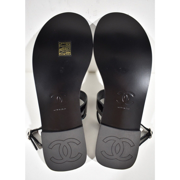 Chanel 22C Black Patent Silver Chain CC Logo Mule Slide Flat Thong Sandal 35 - Picture 12 of 12